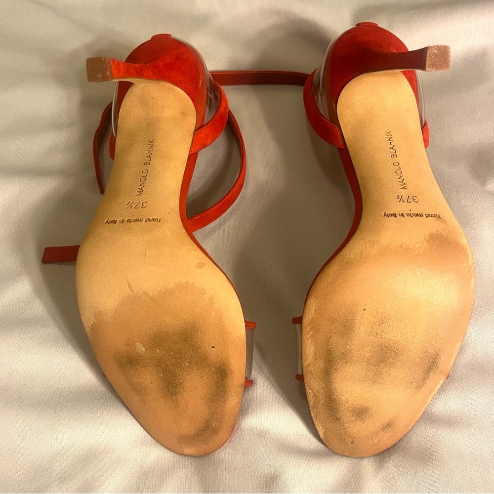 New! Manolo Blahnik Red Strappy Suede Heels - Size 37.5 - Picture 7 of 10